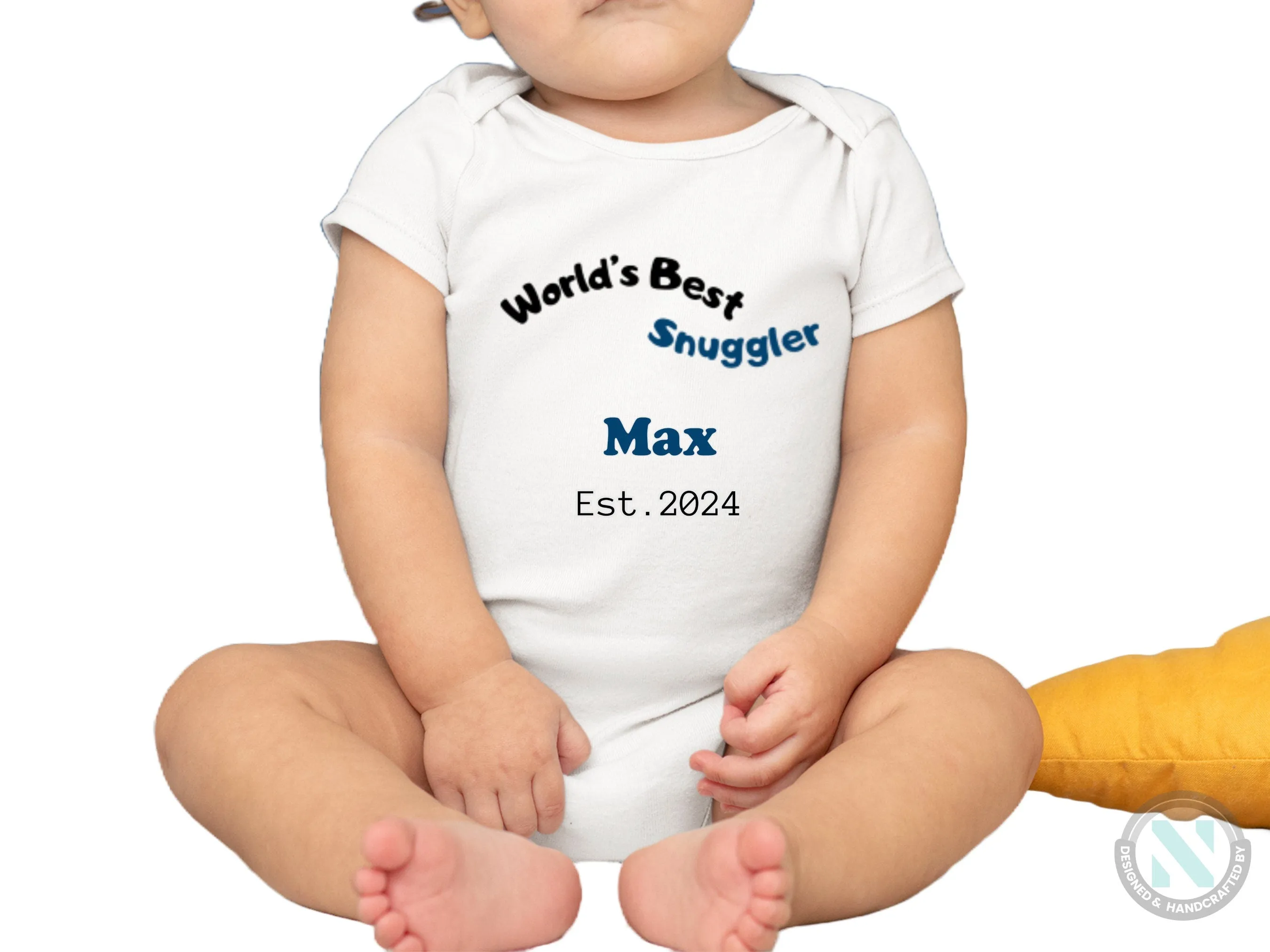 Personalize Baby Name And Date Bodysuit with "World's Best Snuggler"