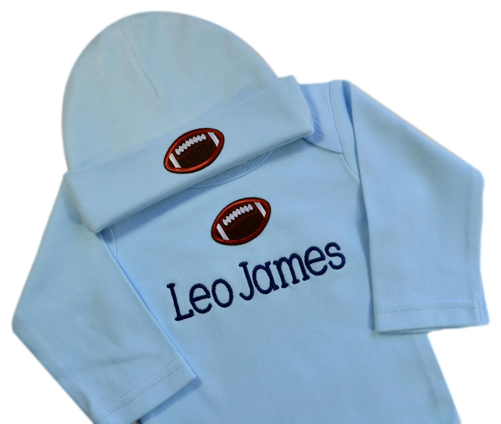 Personalized Embroidered Baby Boys Football Bodysuit with Matching Cotton Beanie Hat