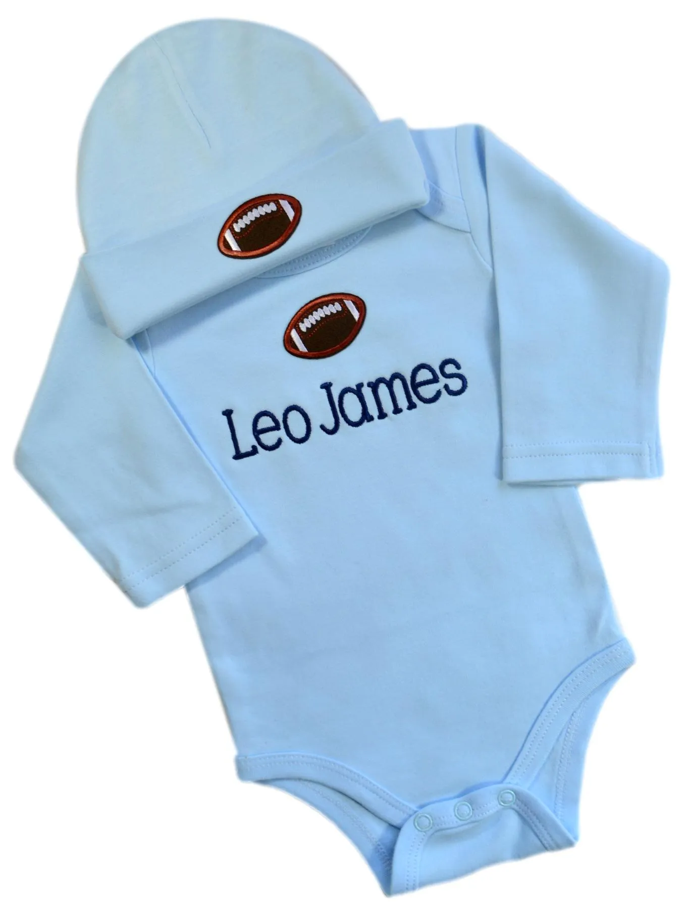 Personalized Embroidered Baby Boys Football Bodysuit with Matching Cotton Beanie Hat