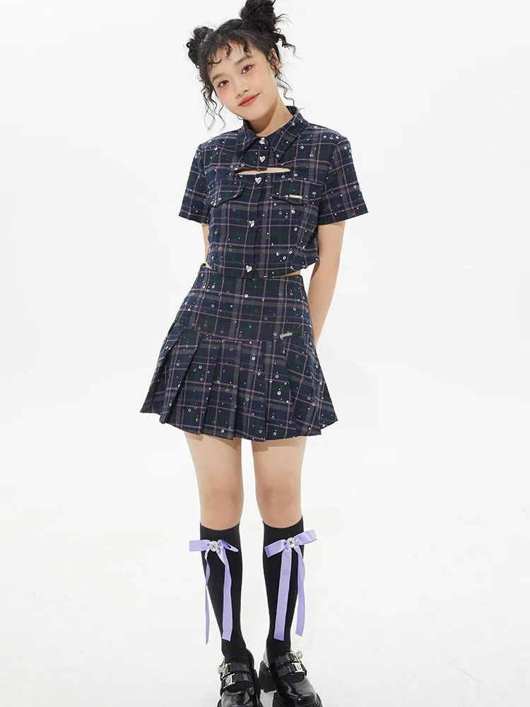 Plaid Sequins Slim Pleated Skirt Suit