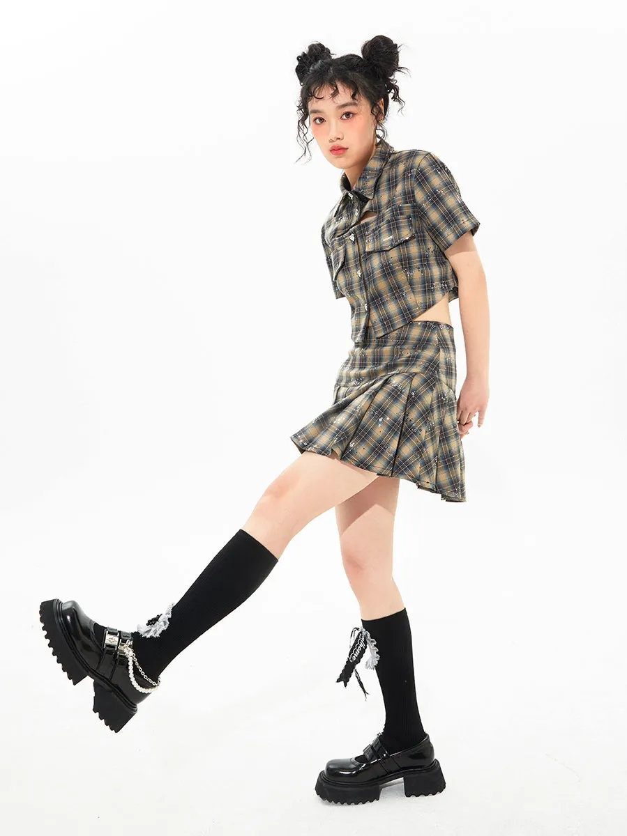 Plaid Sequins Slim Pleated Skirt Suit
