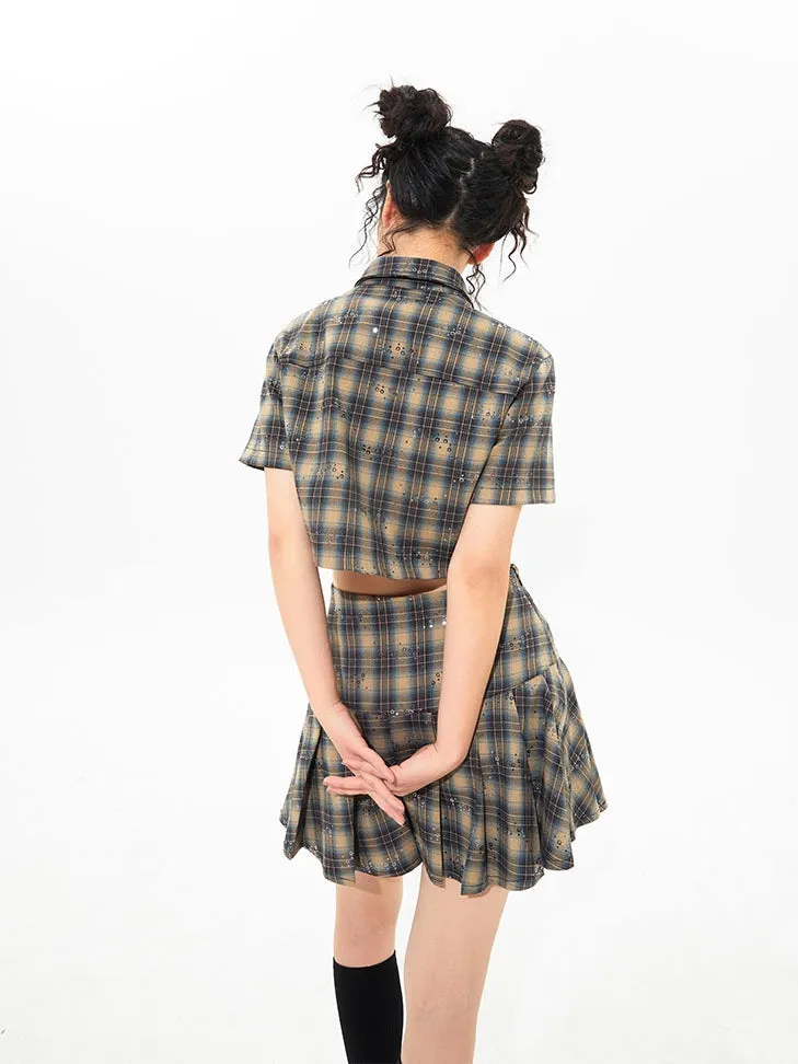 Plaid Sequins Slim Pleated Skirt Suit