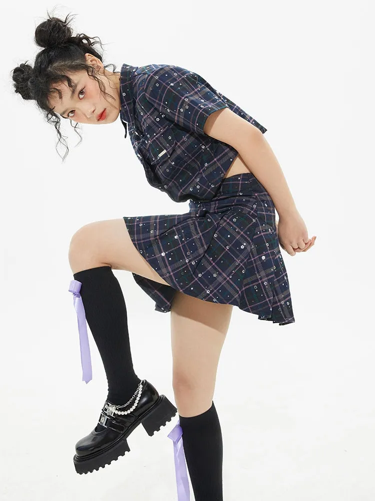 Plaid Sequins Slim Pleated Skirt Suit