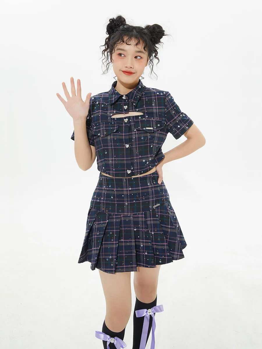 Plaid Sequins Slim Pleated Skirt Suit