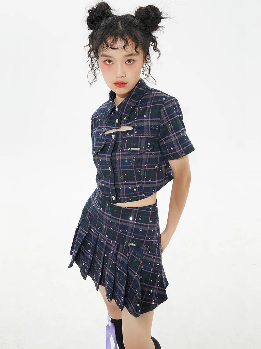 Plaid Sequins Slim Pleated Skirt Suit