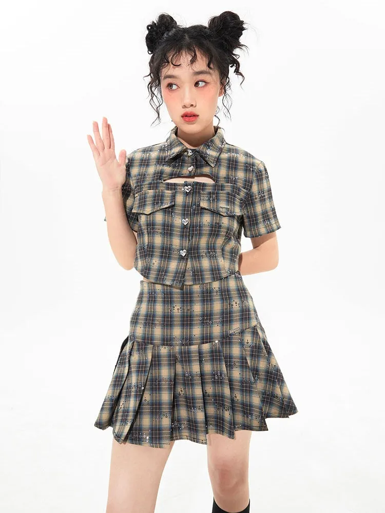 Plaid Sequins Slim Pleated Skirt Suit