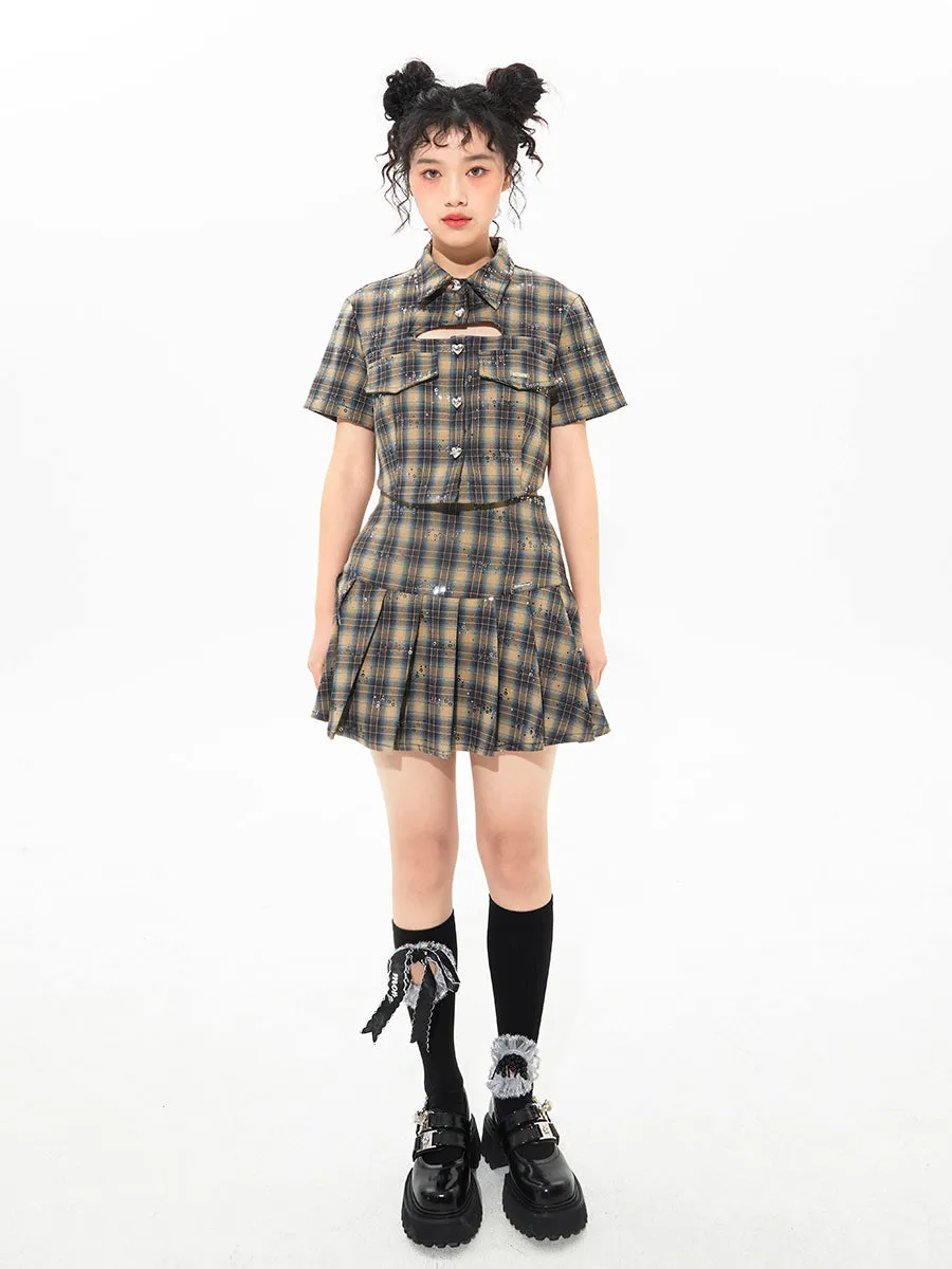 Plaid Sequins Slim Pleated Skirt Suit