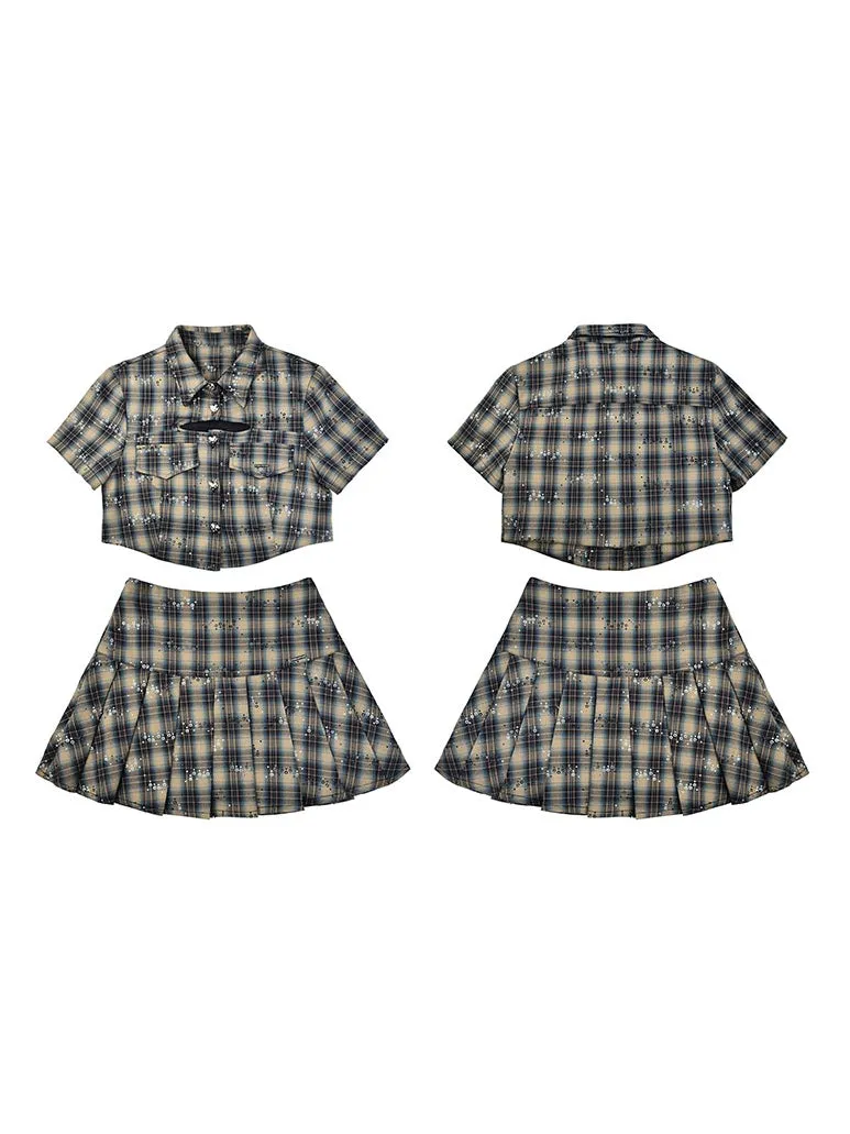 Plaid Sequins Slim Pleated Skirt Suit