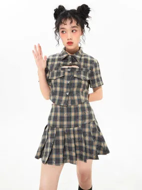Plaid Sequins Slim Pleated Skirt Suit