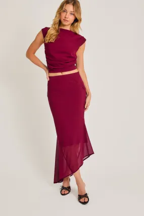 "December Magic" Burgundy Semi Cowl Neck Top & Asymmetrical Skirt Set