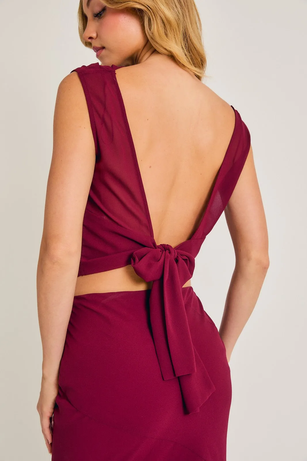 "December Magic" Burgundy Semi Cowl Neck Top & Asymmetrical Skirt Set