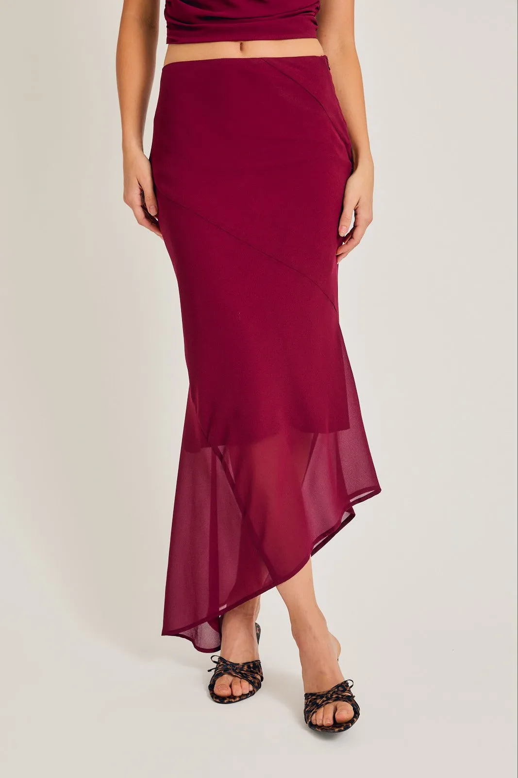 "December Magic" Burgundy Semi Cowl Neck Top & Asymmetrical Skirt Set