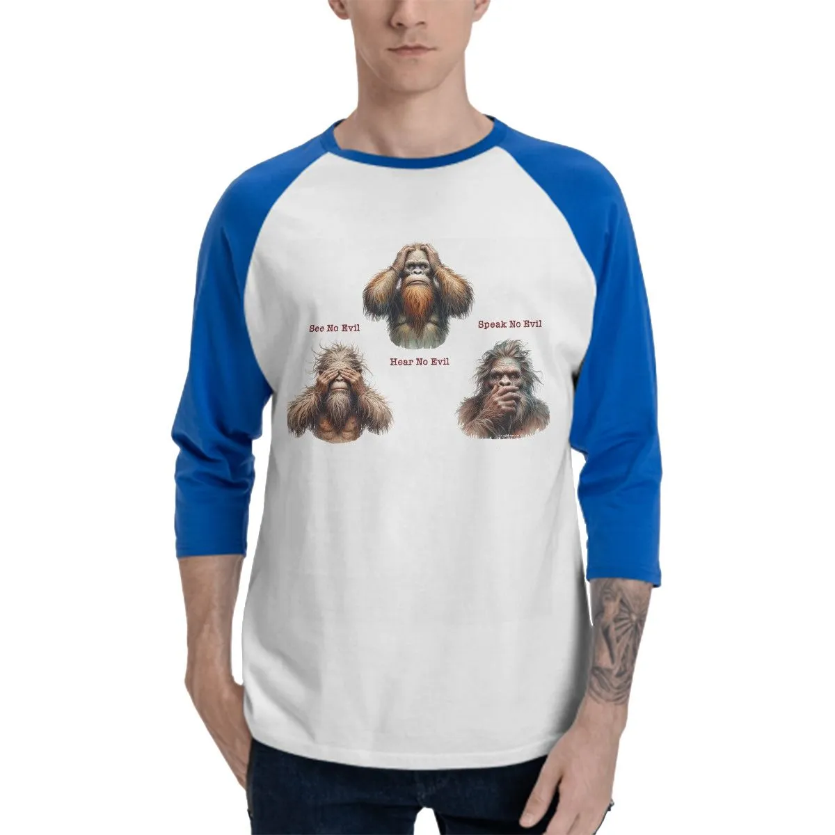 Sarcastic Sasquatch “See no evil...”  3/4 Sleeve Cotton Baseball Shirt