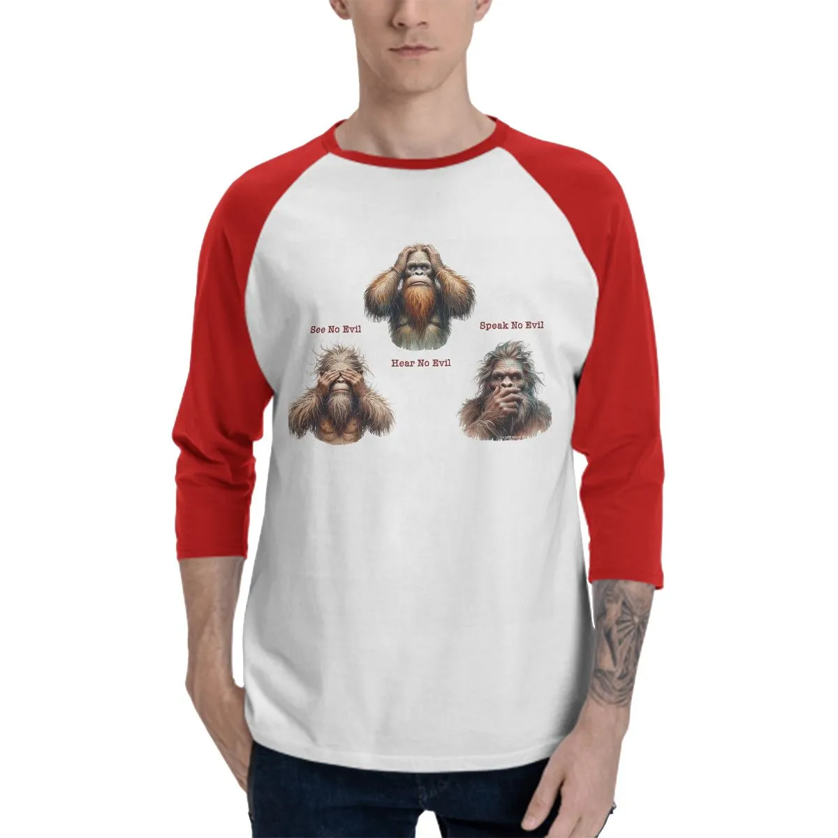 Sarcastic Sasquatch “See no evil...”  3/4 Sleeve Cotton Baseball Shirt
