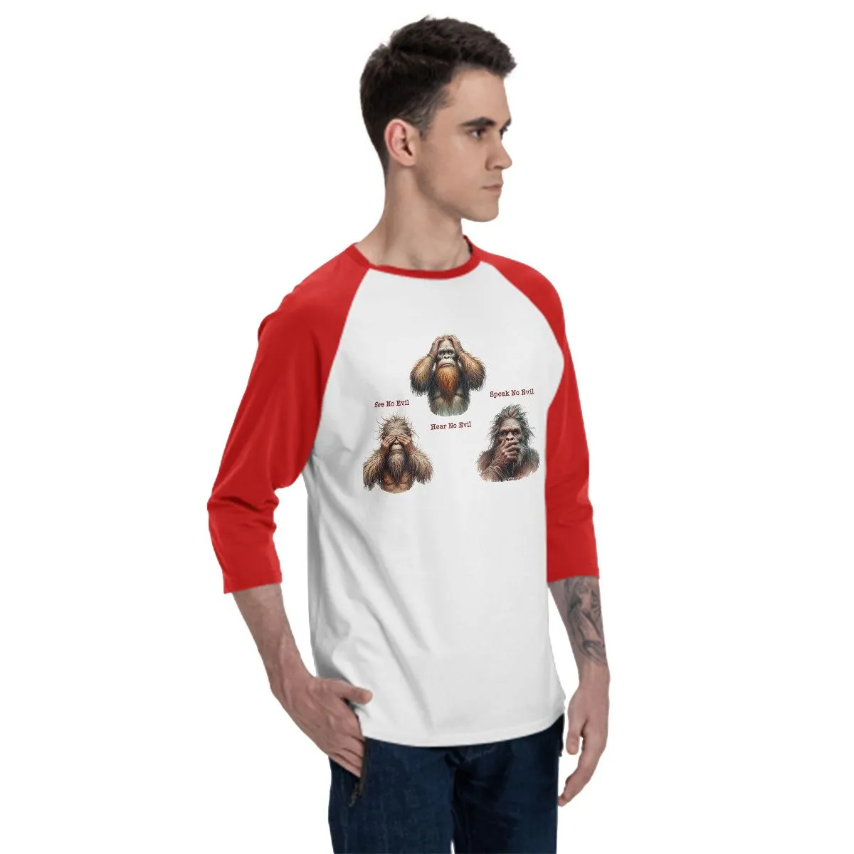 Sarcastic Sasquatch “See no evil...”  3/4 Sleeve Cotton Baseball Shirt
