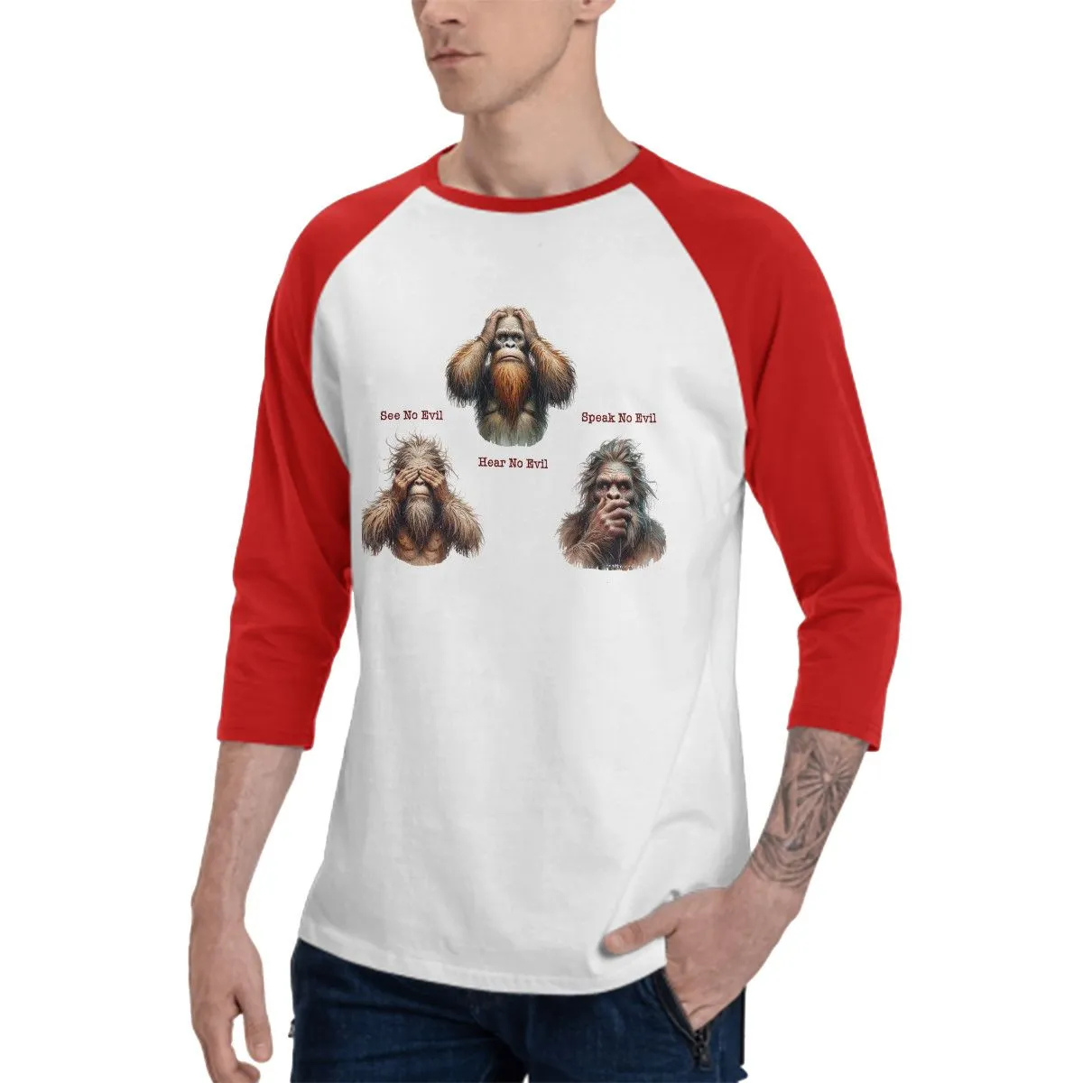 Sarcastic Sasquatch “See no evil...”  3/4 Sleeve Cotton Baseball Shirt