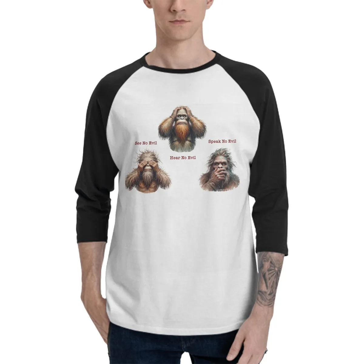 Sarcastic Sasquatch “See no evil...”  3/4 Sleeve Cotton Baseball Shirt