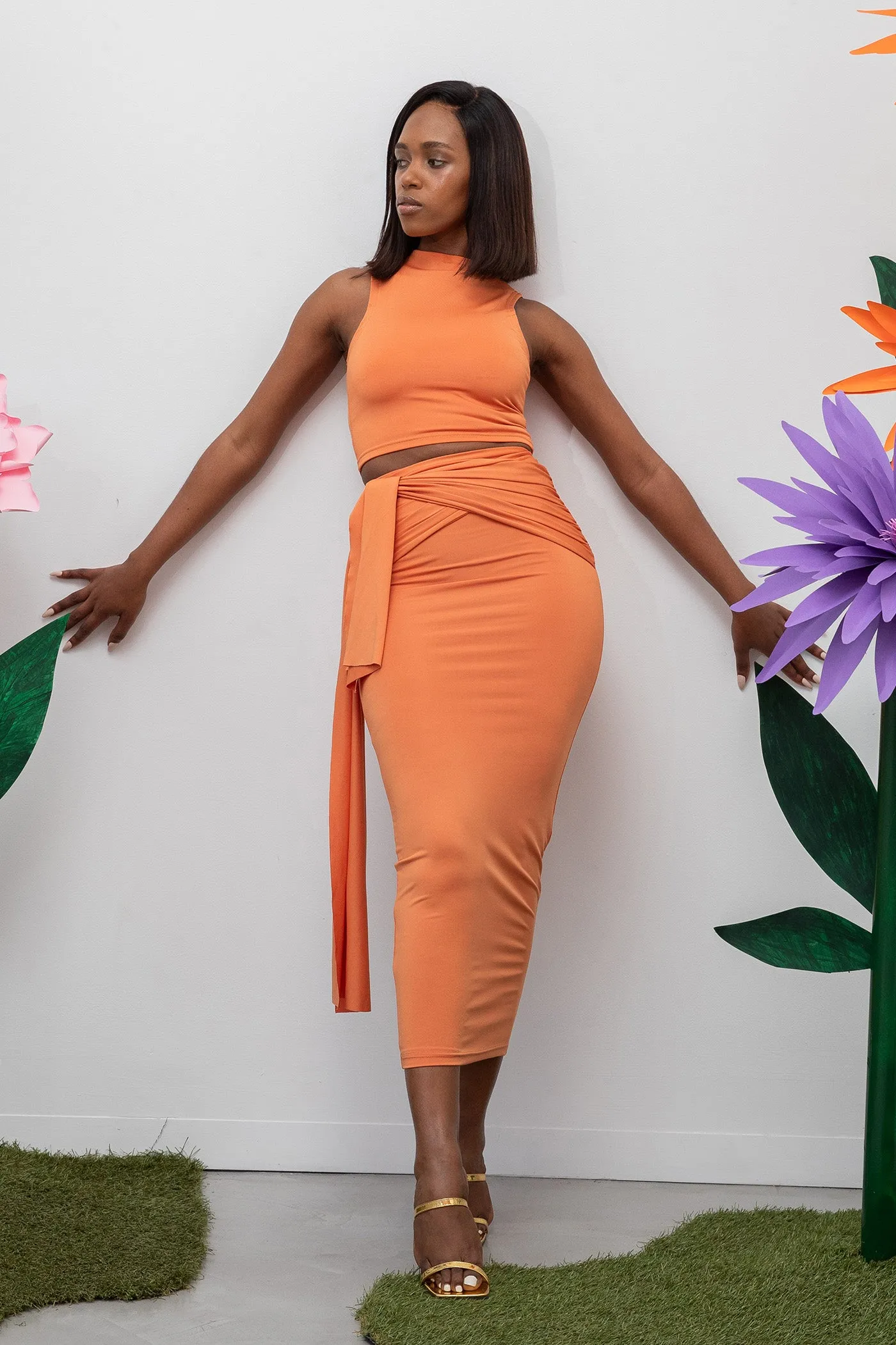 Savannah Wrap Tie Detail Skirt - Dusty Orange