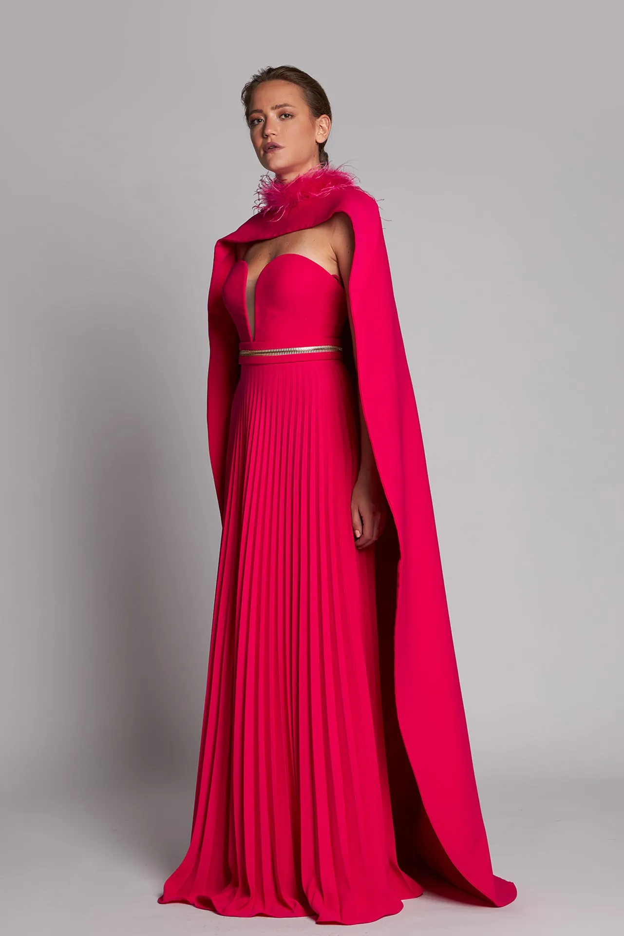 Strapless Pleated A-line Dress with Cape