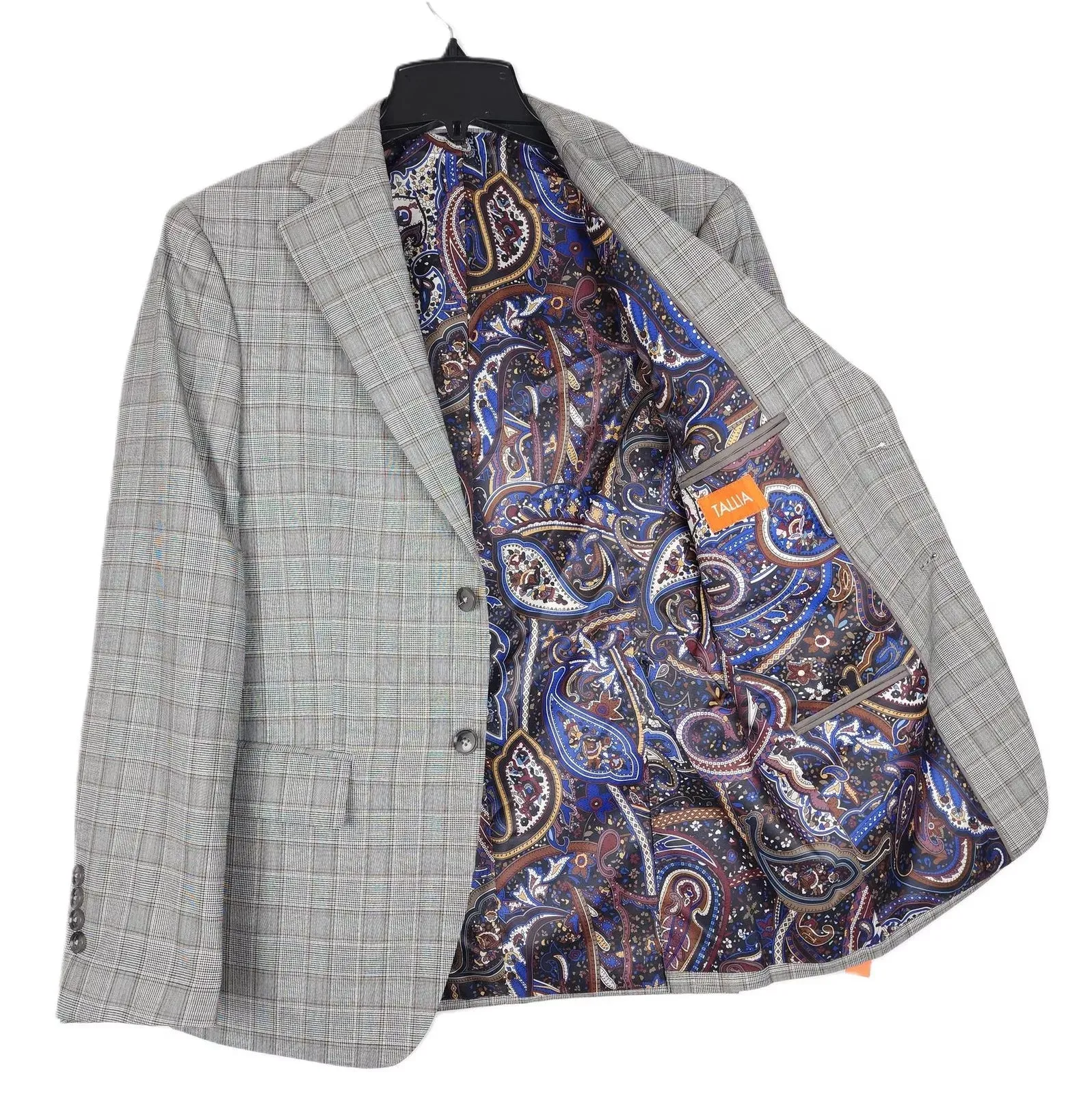 Tallia Men's Slim Fit Wool Sport Coat Blazer Grey Brown  Plaid 36S
