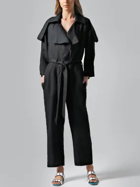 Visaltes Belted Black Linen Jumpsuit