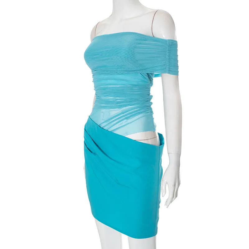 Women Mesh Stitching Off Shoulder Transparent Slim Fit Sheath Dress