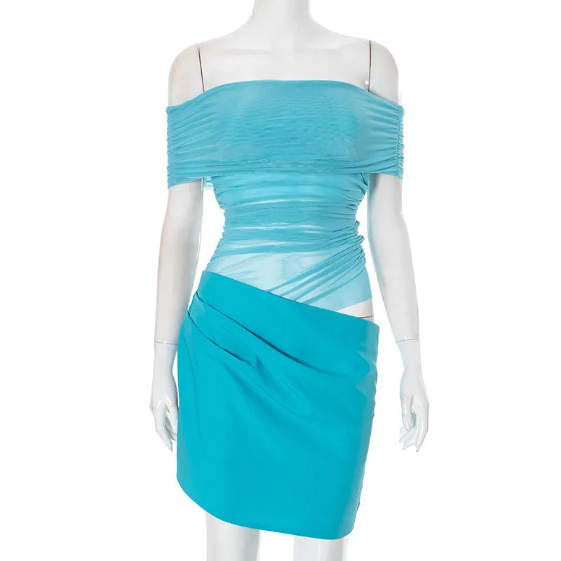 Women Mesh Stitching Off Shoulder Transparent Slim Fit Sheath Dress
