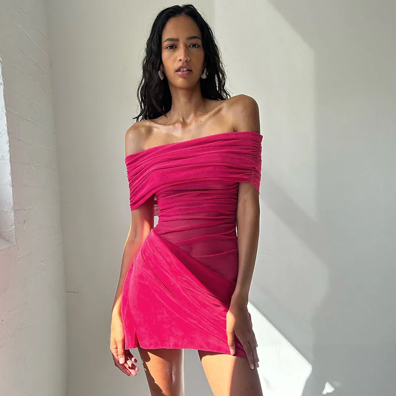 Women Mesh Stitching Off Shoulder Transparent Slim Fit Sheath Dress