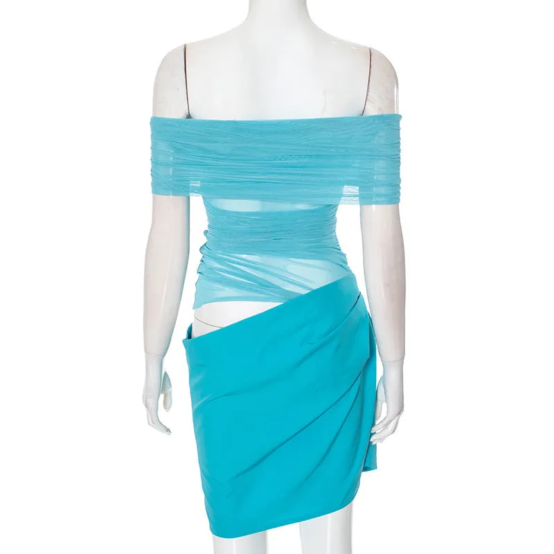 Women Mesh Stitching Off Shoulder Transparent Slim Fit Sheath Dress