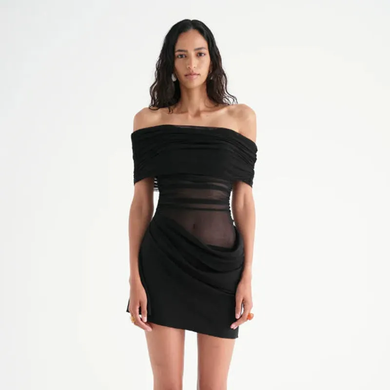 Women Mesh Stitching Off Shoulder Transparent Slim Fit Sheath Dress