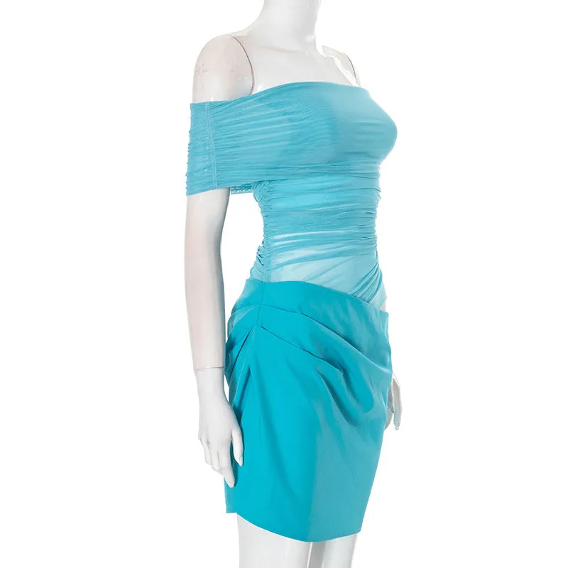Women Mesh Stitching Off Shoulder Transparent Slim Fit Sheath Dress