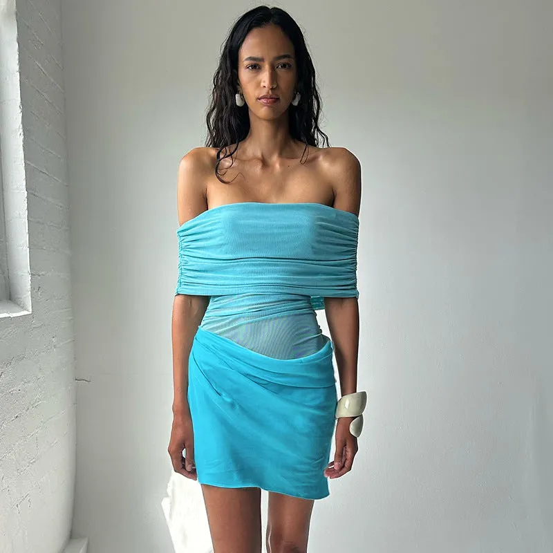 Women Mesh Stitching Off Shoulder Transparent Slim Fit Sheath Dress