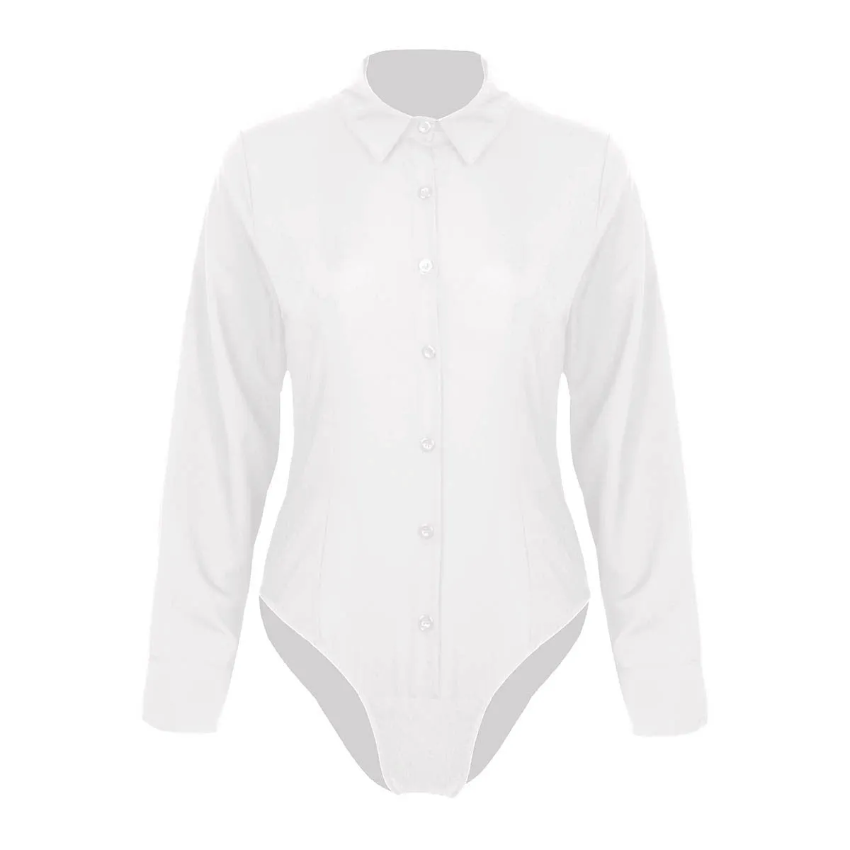 Women One-Piece Turn-Down Collar Long Sleeve Button Down Work Bodysuit Shirt