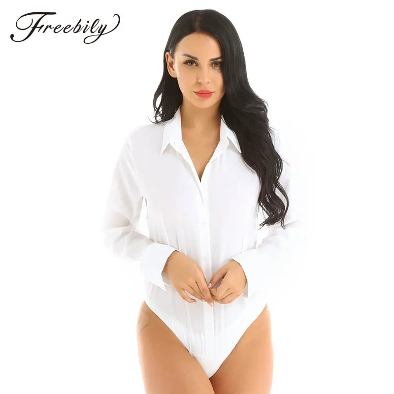 Women One-Piece Turn-Down Collar Long Sleeve Button Down Work Bodysuit Shirt