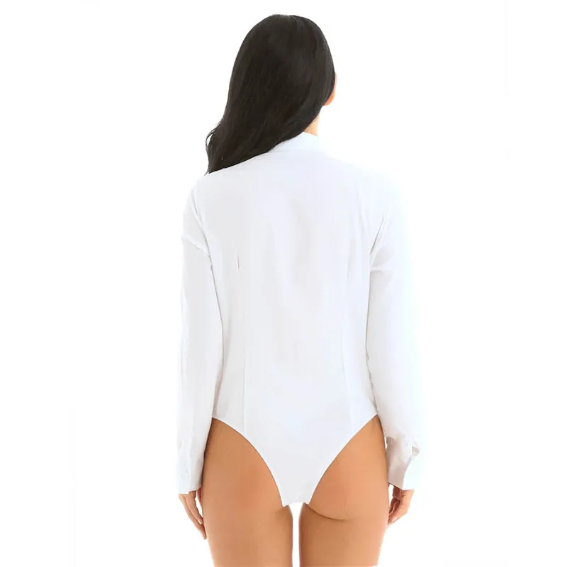 Women One-Piece Turn-Down Collar Long Sleeve Button Down Work Bodysuit Shirt