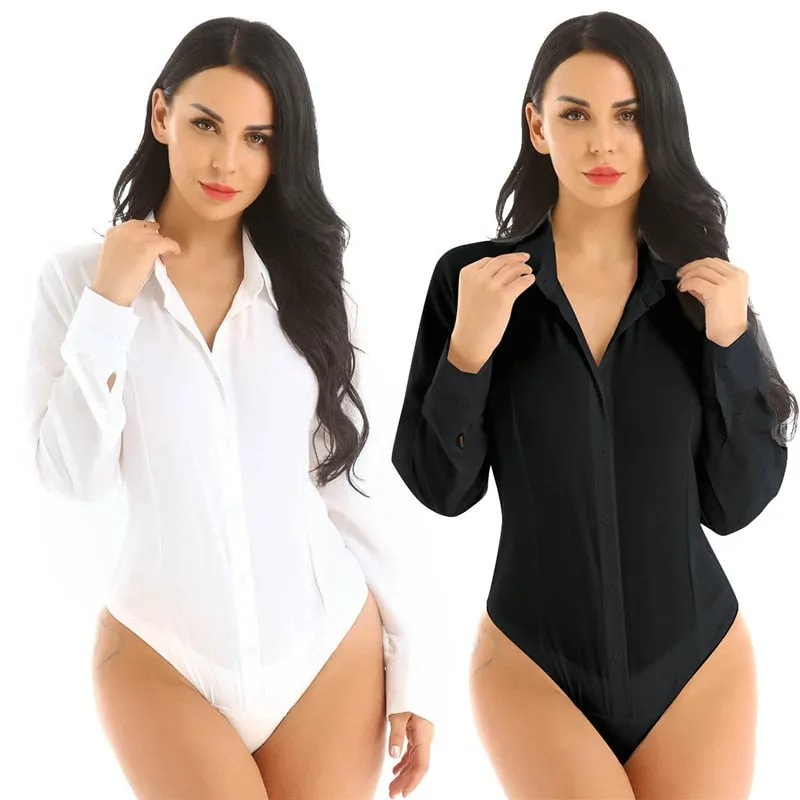 Women One-Piece Turn-Down Collar Long Sleeve Button Down Work Bodysuit Shirt