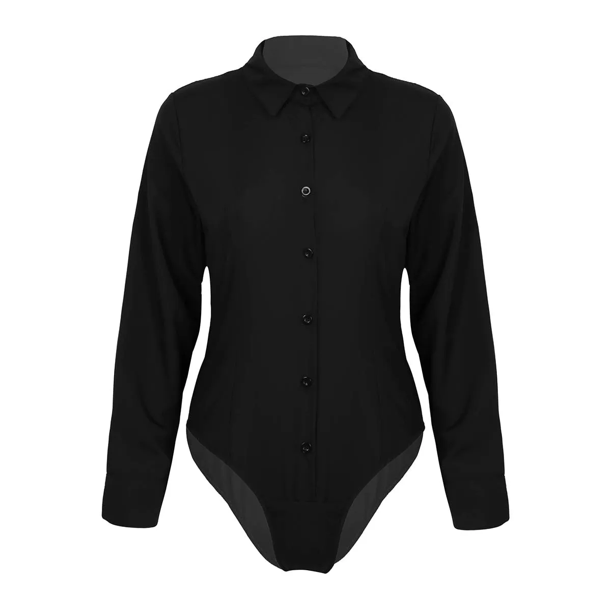 Women One-Piece Turn-Down Collar Long Sleeve Button Down Work Bodysuit Shirt