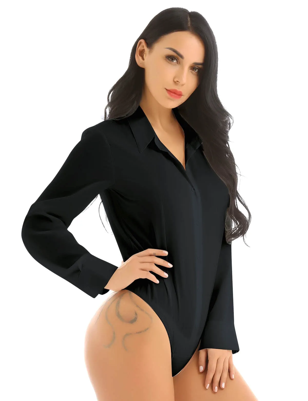 Women One-Piece Turn-Down Collar Long Sleeve Button Down Work Bodysuit Shirt