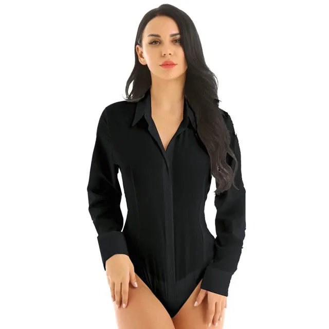 Women One-Piece Turn-Down Collar Long Sleeve Button Down Work Bodysuit Shirt
