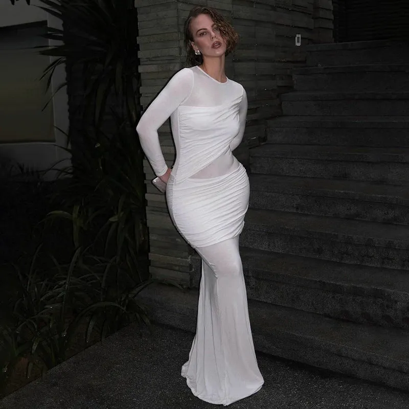 Women Sexy Long Sleeve See through Formal Dress