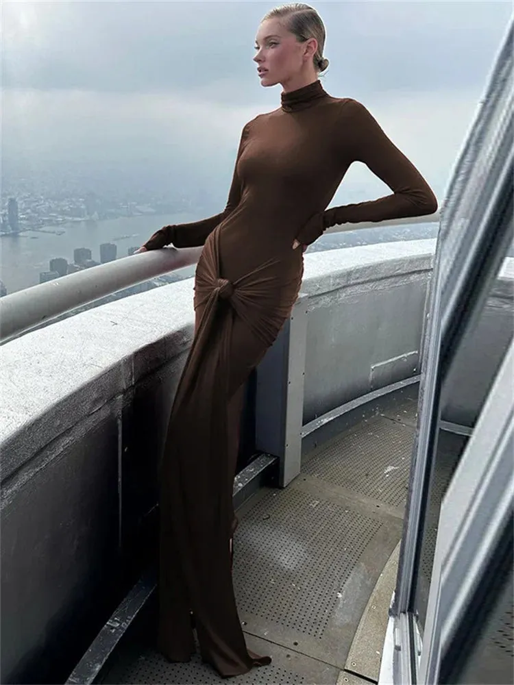 Women Slim Pleated Long Sleeve Lace-Up Party Dress