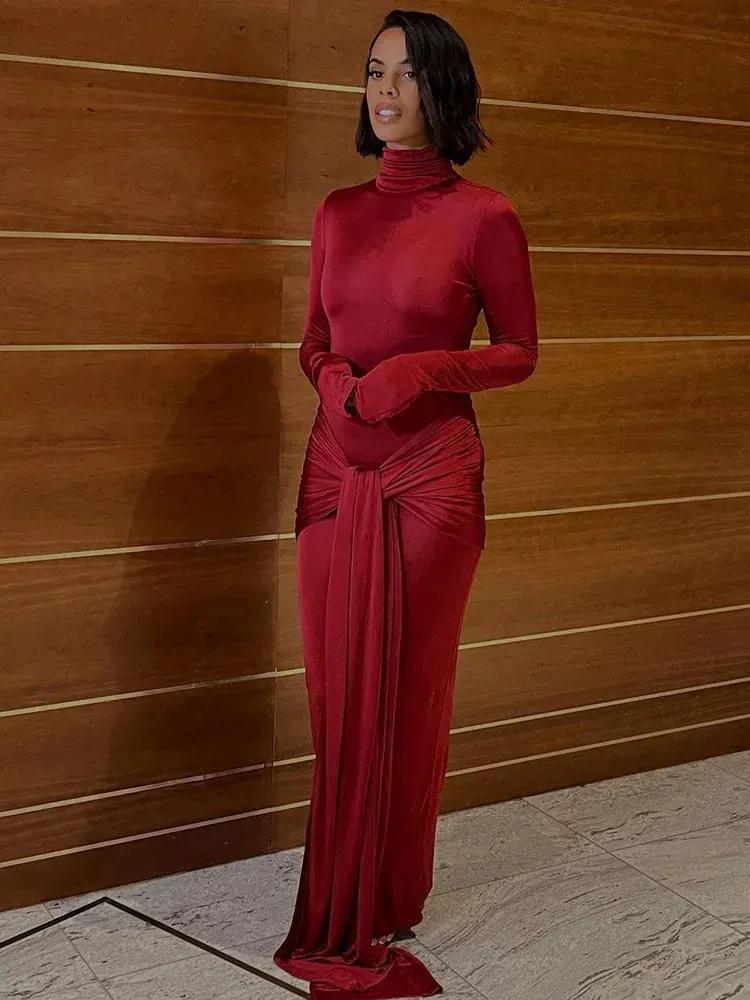 Women Slim Pleated Long Sleeve Lace-Up Party Dress