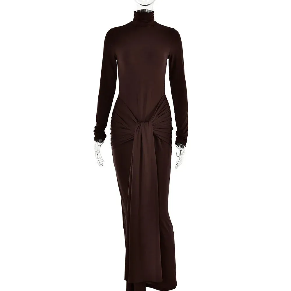 Women Slim Pleated Long Sleeve Lace-Up Party Dress