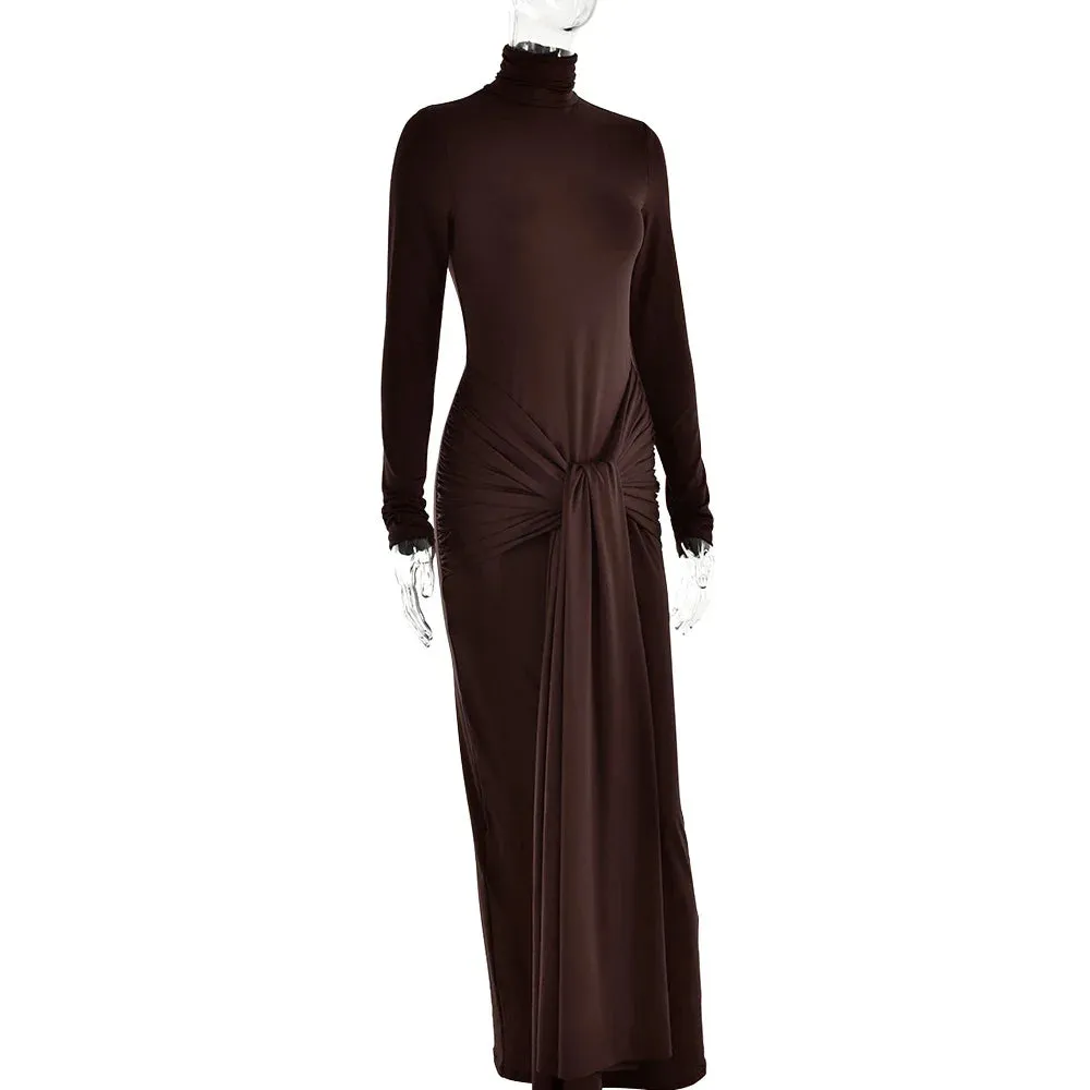 Women Slim Pleated Long Sleeve Lace-Up Party Dress