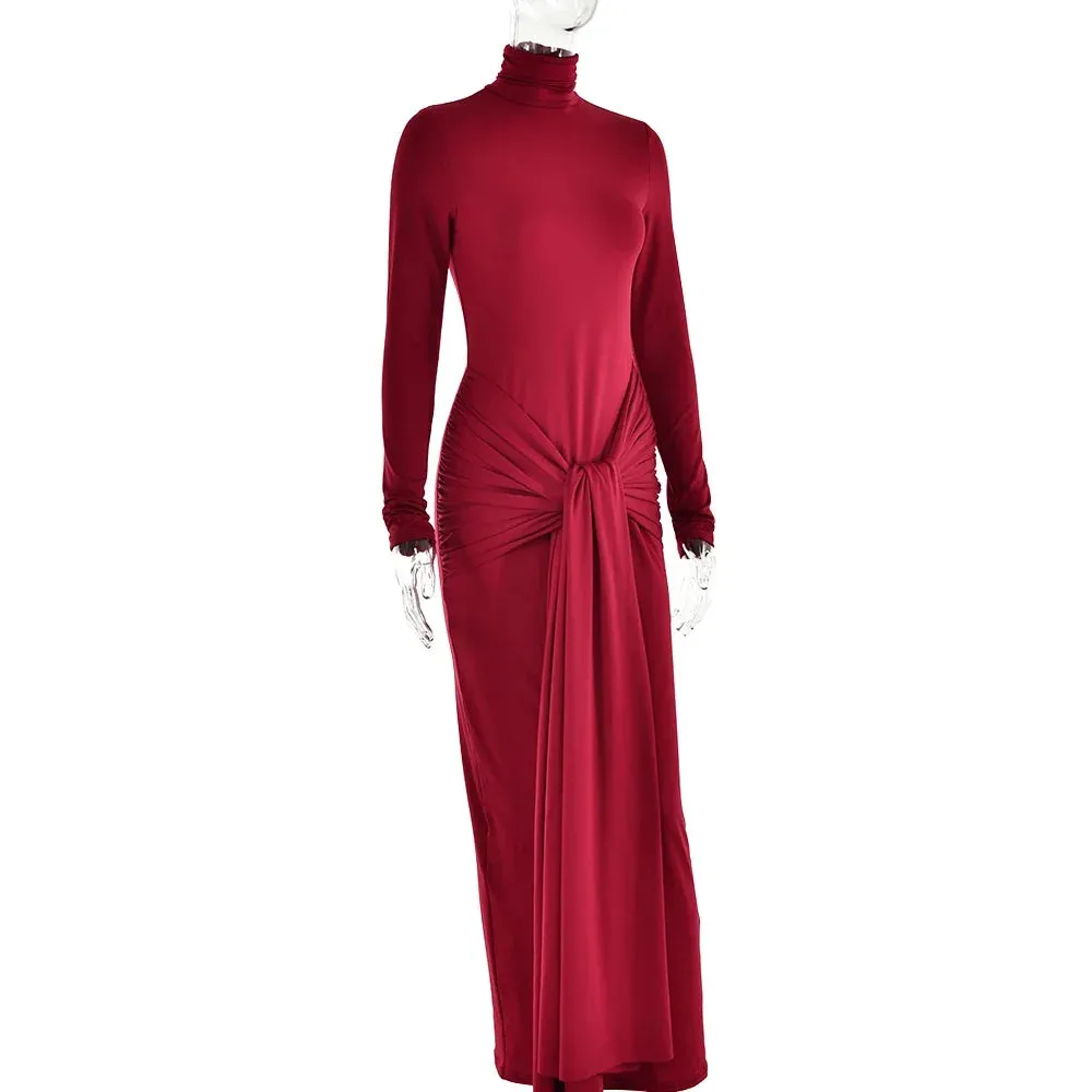 Women Slim Pleated Long Sleeve Lace-Up Party Dress