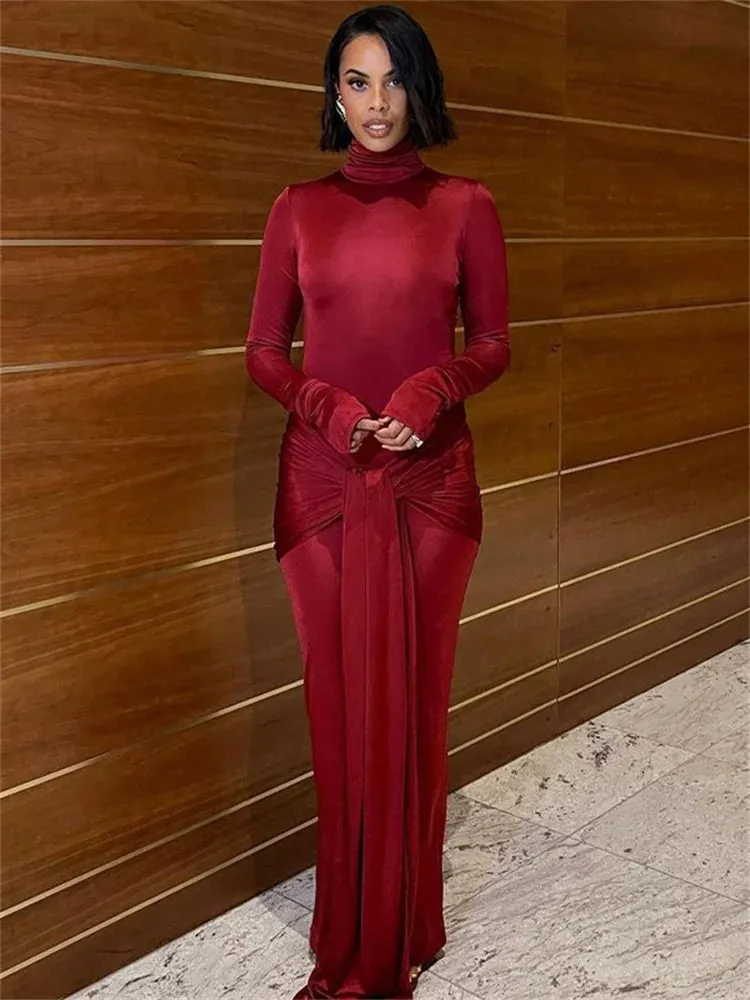 Women Slim Pleated Long Sleeve Lace-Up Party Dress