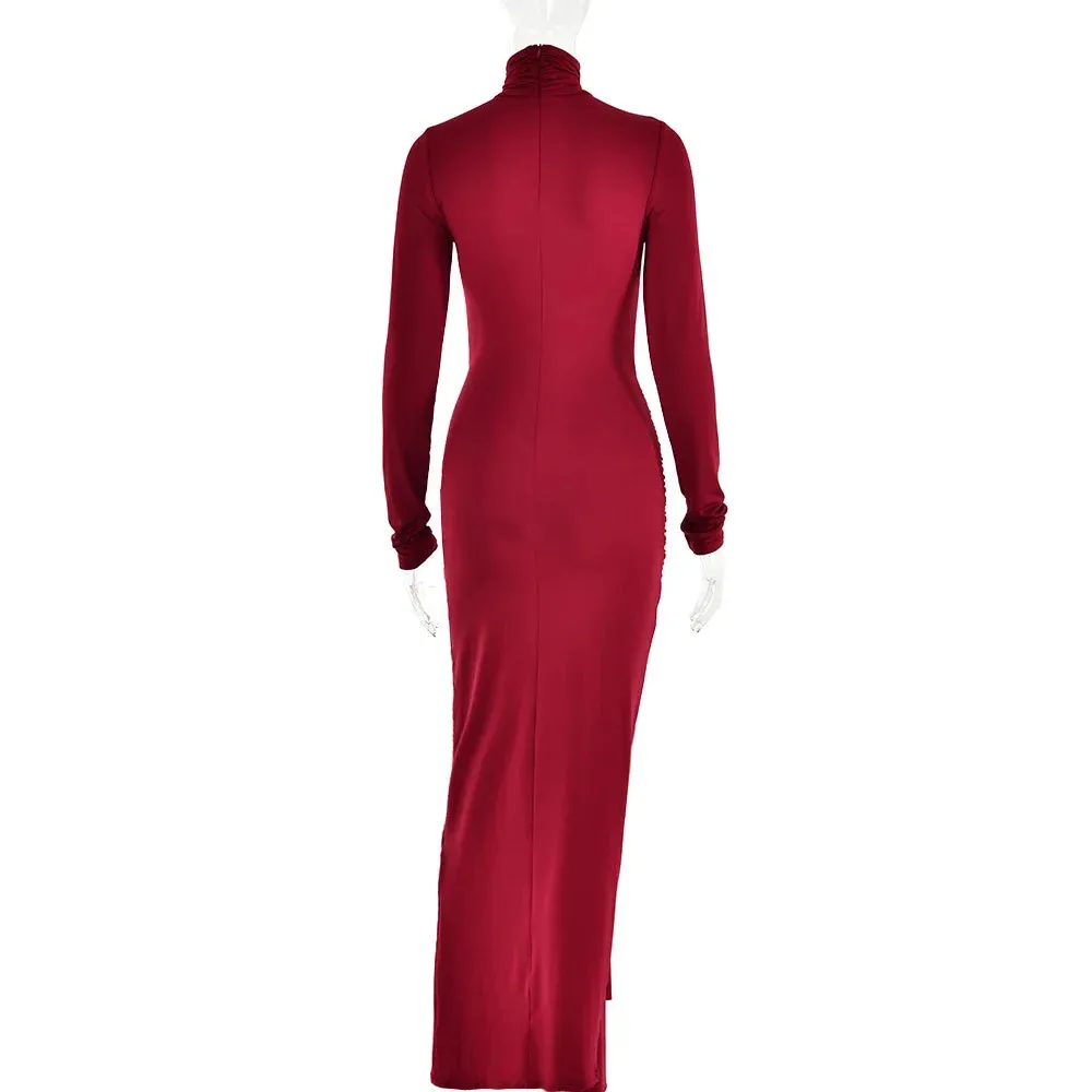 Women Slim Pleated Long Sleeve Lace-Up Party Dress