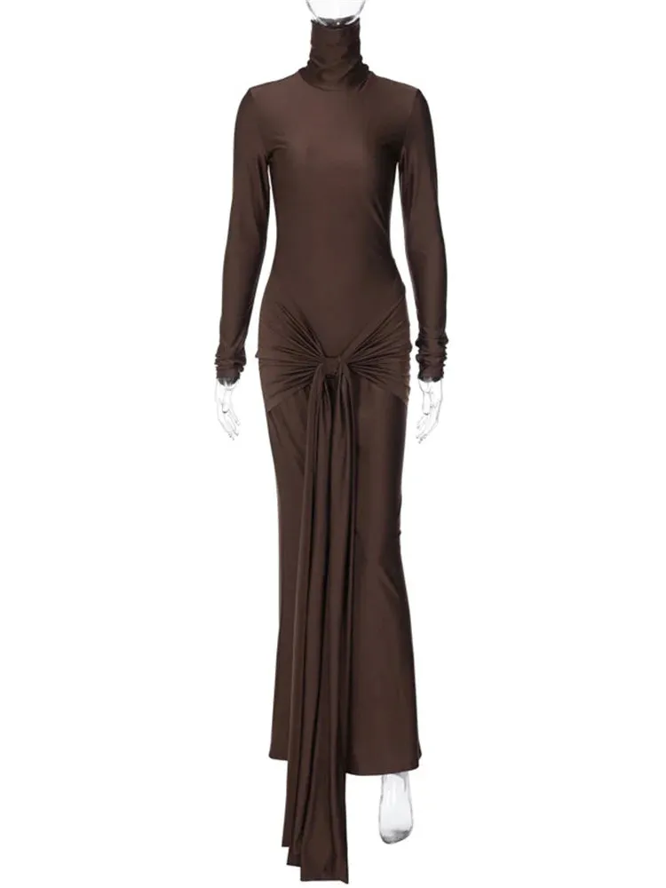 Women Slim Pleated Long Sleeve Lace-Up Party Dress