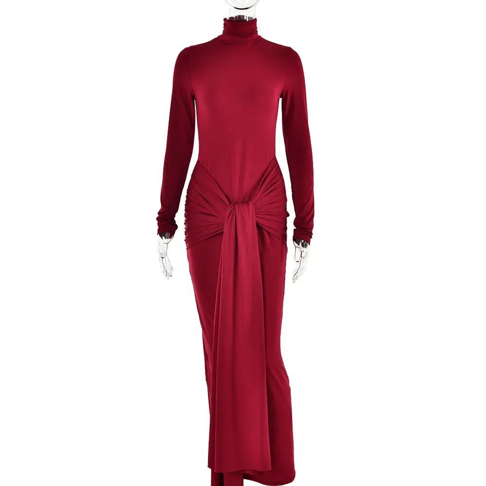 Women Slim Pleated Long Sleeve Lace-Up Party Dress