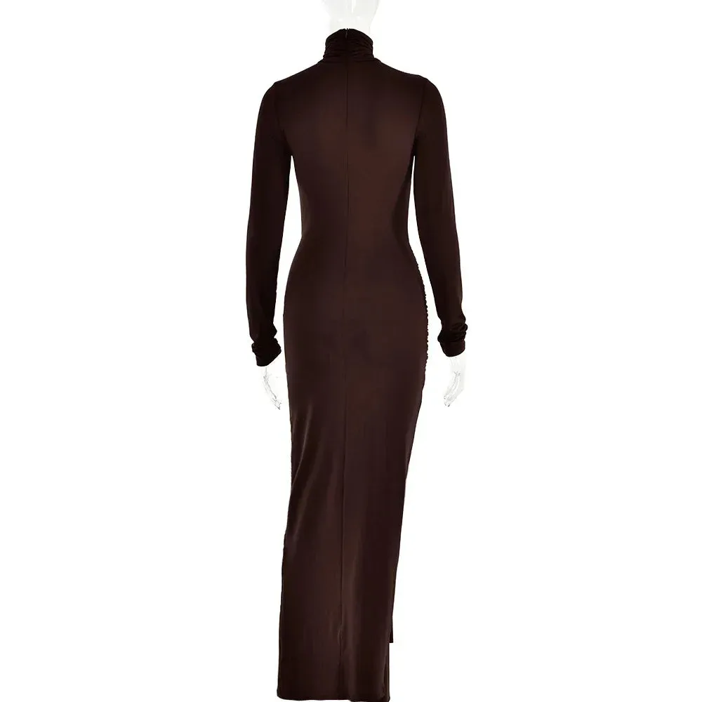 Women Slim Pleated Long Sleeve Lace-Up Party Dress
